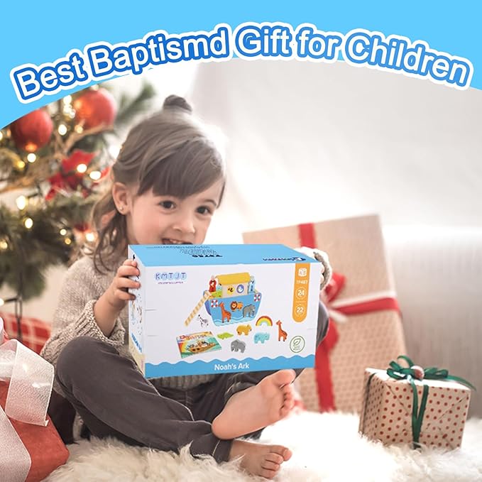 KMTJT Toddlers Wooden Noah's Ark Toy Animal Playset, Baptism Gifts for 1 2 3 Boys Girls, Shape Sorter Early Learning Montessori Toys with Bible Story Book for 12 18 24 Months Babies