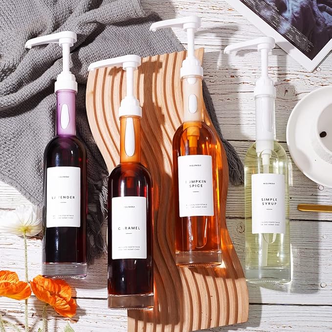 MoliMoli Coffee Syrup Dispenser for Coffee Bar, 350ml,Coffee Pump Dispenser, Glass Syrup Bottle w. Pumps, Simple Syrup Dispenser w. Labels (White) Set of 2