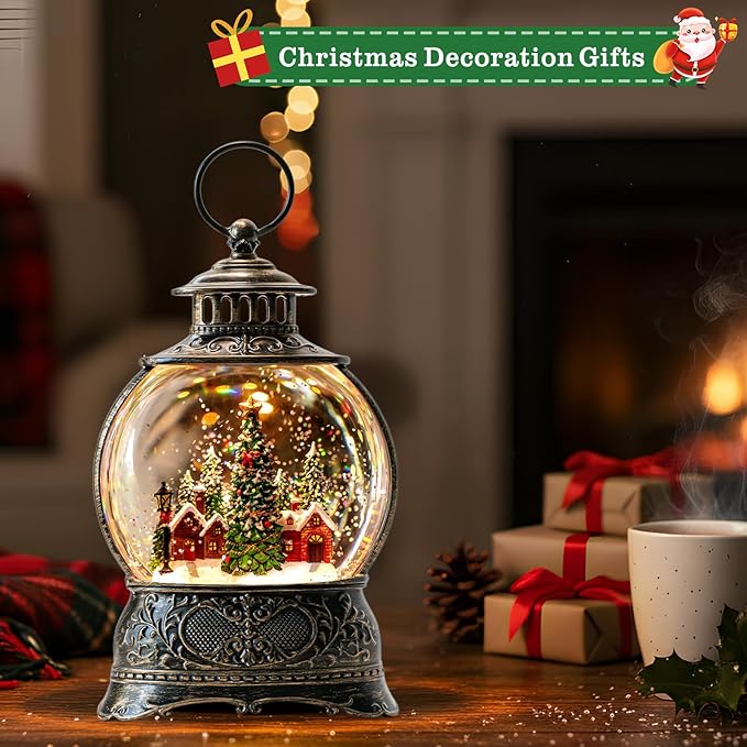 Christmas Snow Globes Water Lantern with Christmas Tree Village, Music & 6H Timer, USB Lined/Battery Operated Lighted Lanterns for Xmas Festival Decoration Gifts