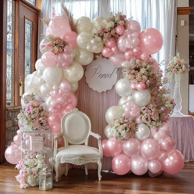 Pearl Pink White Balloon Arch, Double Stuffed Light Pastel Pink White Sand Balloons Dusty Pink Balloon Garland Kit for Wedding Birthday Baby Shower Bridal Decorations