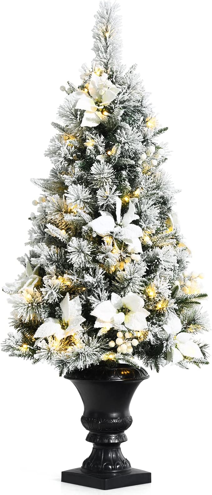 Goplus 4ft Flocked White Christmas Tree for Entrances, Pre-lit Artificial Xmas Tree w/Warm White LED Lights, Flowers & White Berries in Black Urn Base, Porch Festival Holiday Decoration