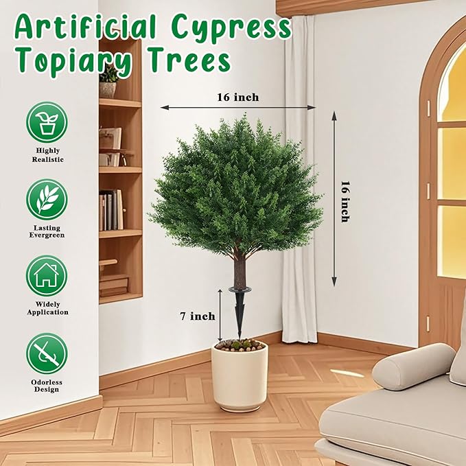 Artificial Cypress Topiary Tree with Ground Spike, Set of 2 Artificial Shrub Bushes, Fake Evergreen Tree for Porch, Artificial Plants for Outdoor Planters Indoor UV Resistant
