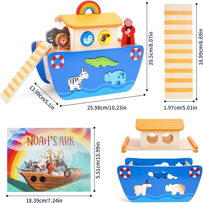 KMTJT Toddlers Wooden Noah's Ark Toy Animal Playset, Baptism Gifts for 1 2 3 Boys Girls, Shape Sorter Early Learning Montessori Toys with Bible Story Book for 12 18 24 Months Babies