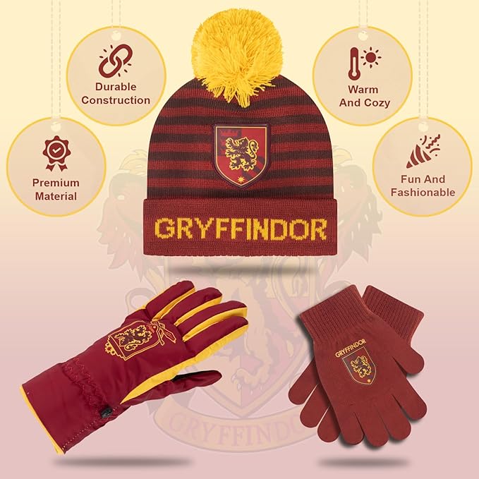 Harry Potter Winter Hat and Gloves with Set, Gryffindor, Slytherin, Hufflepuff, Ravenclaw, Winter Set 5-13 Year Olds