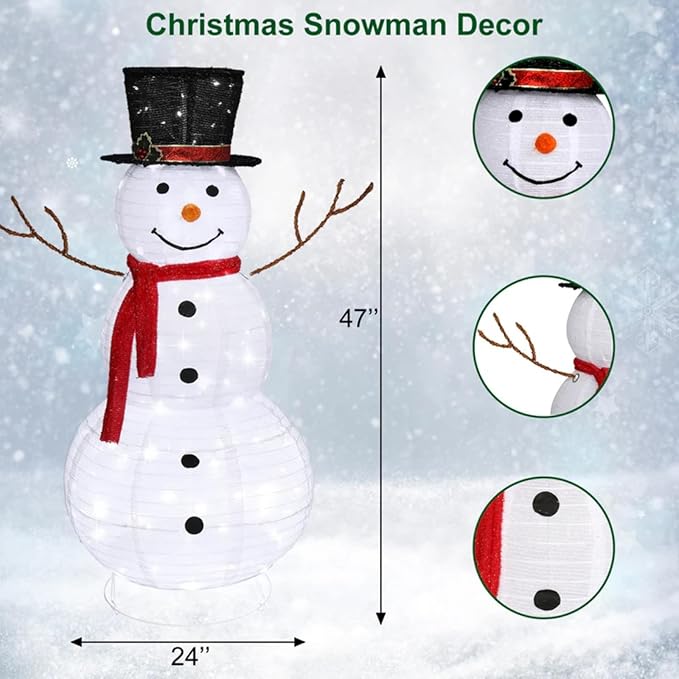 Snowman Outdoor Christmas Decorations with 120 LED Lights, 4ft Lighted Snowman with Metal Stand, Holiday Ornaments Xmas Decor for Home Porch Patio Yard Party (White, 23.62“ x 23.62” x 47.24“)