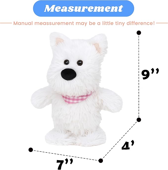 Hopearl Talking Singing Westie with Pink Bib Repeats What You Say Dog Walking Puppy Electric Interactive Animated Toy Speaking Plush Buddy Gifts for Toddlers, White, 9''