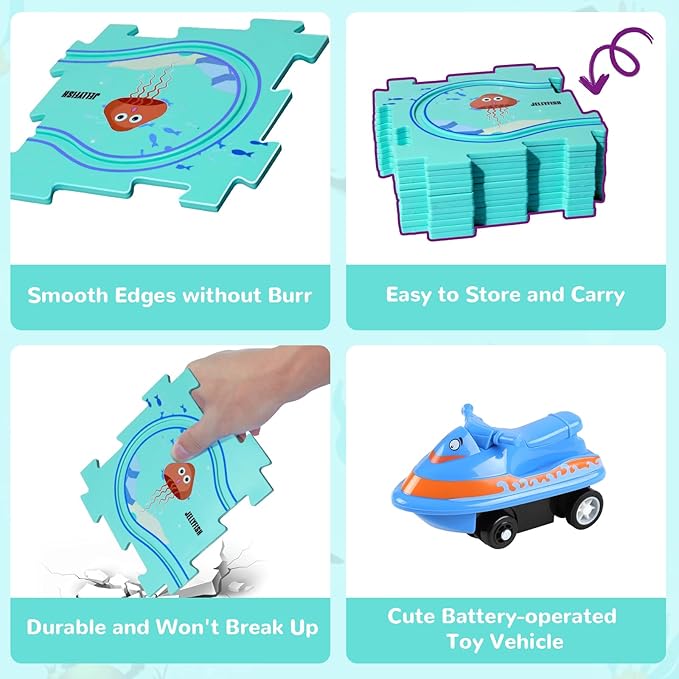 Puzzle Track Car Play Set, Plastic Puzzles for Kids Ages 3-5 with Vehicles, Electric Trolley Puzzle, Car Tracks for Toddlers, Toys Gifts for 2 3 4 5 6 Year Old Boys Girls