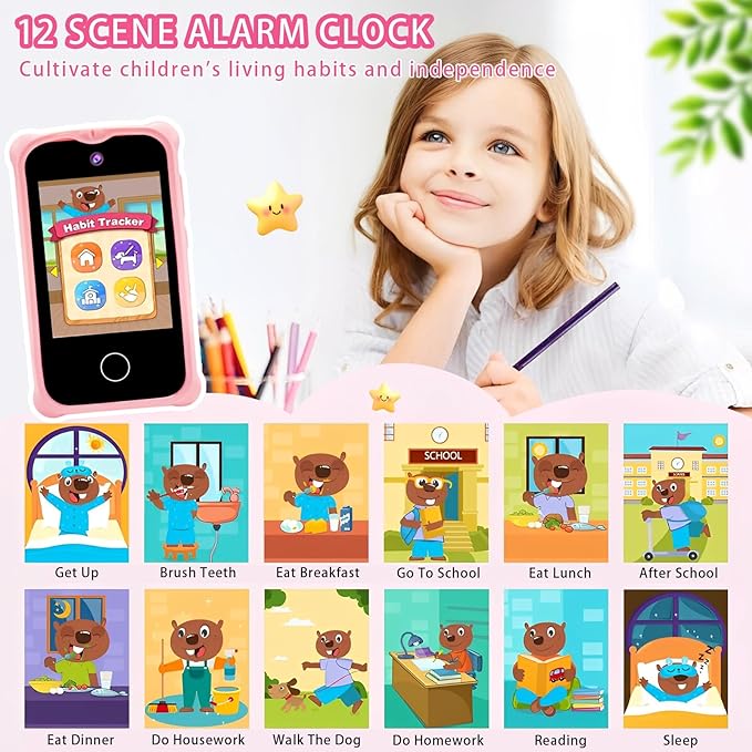 Kids Smart Phone, Christmas Birthday Gifts for Girls Age 3-12, 2.8" Touchscreen Toddler Learning Play Toy Phone with Dual Camera, Game, Music Player, 32GB Card （Pink）