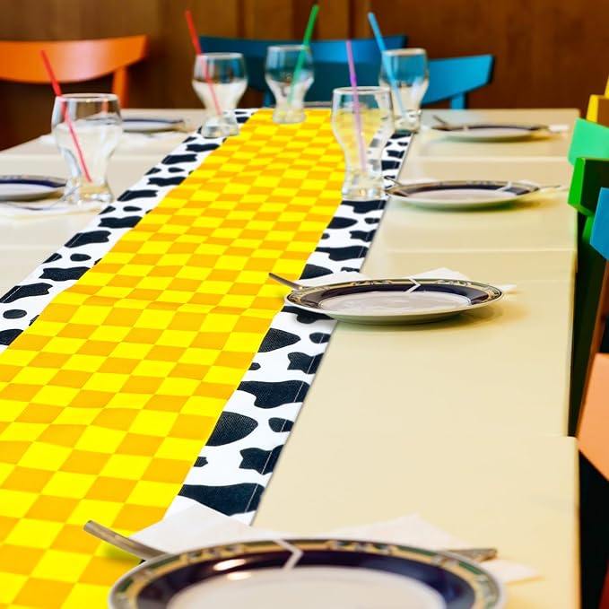 2 Pcs Cartoon Table Runner Cartoon Birthday Party Supplies Cow Pattern Printed Check Table Decor Tablecloth Party Supplies,13 x 72 in (Classic)