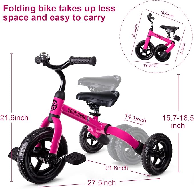 XPIY Tricycle for Toddlers Age 2-5 Years Old, 3 in 1 Folding Toddler Bike for Boys and Girls, Kids' Bike Trike with Detachable Pedal and Adjustable Seat (Pink)