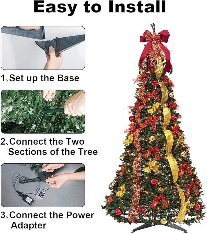6FT Prelit Pull Up Artificial Christmas Tree with Lights, Decorations, Remote - Red, Gold Ornaments, Bows, Ribbons