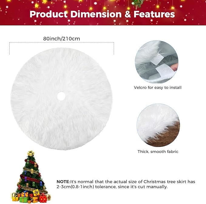 80 Inch Christmas Tree Skirt, Extra Large Snowy White Faux Fur Tree Skirt, Luxury Soft Plush Skirt for Merry Christmas Party Tree Decoration