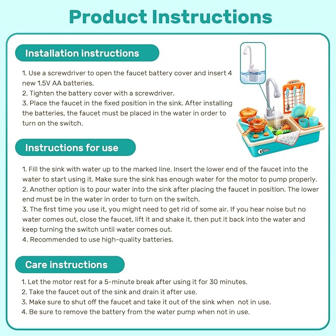 CUTE STONE Play Kitchen Sink Toys with Upgraded Real Faucet, Play Cooking Stove, Cookware Pot and Pan,Play Food, Color Changing Dishes Accessories for Boys Girls Toddlers