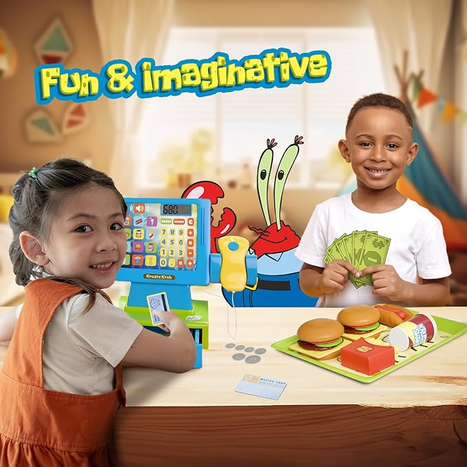 SpongeBob SquarePants Pretend Play Cash Register Toy with Sounds and Lights for Kids Krusty Krab Play Scanner and Fake Food for Boys Girls Toddlers