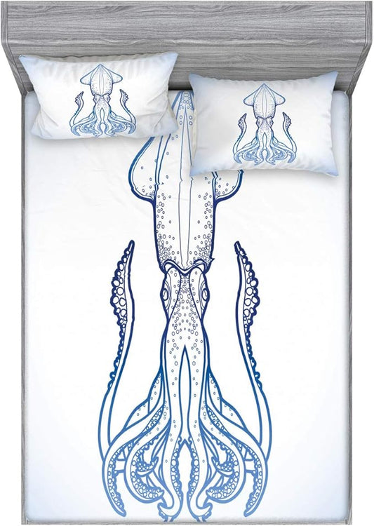 Ambesonne Kraken Fitted Sheet & Pillow Sham Set, Squid in Classic Line Art Styled Graphic Nautical Marine Sea Creature Image Art, Decorative Printed 3 Piece Bedding Decor Set, Queen, Blue and White