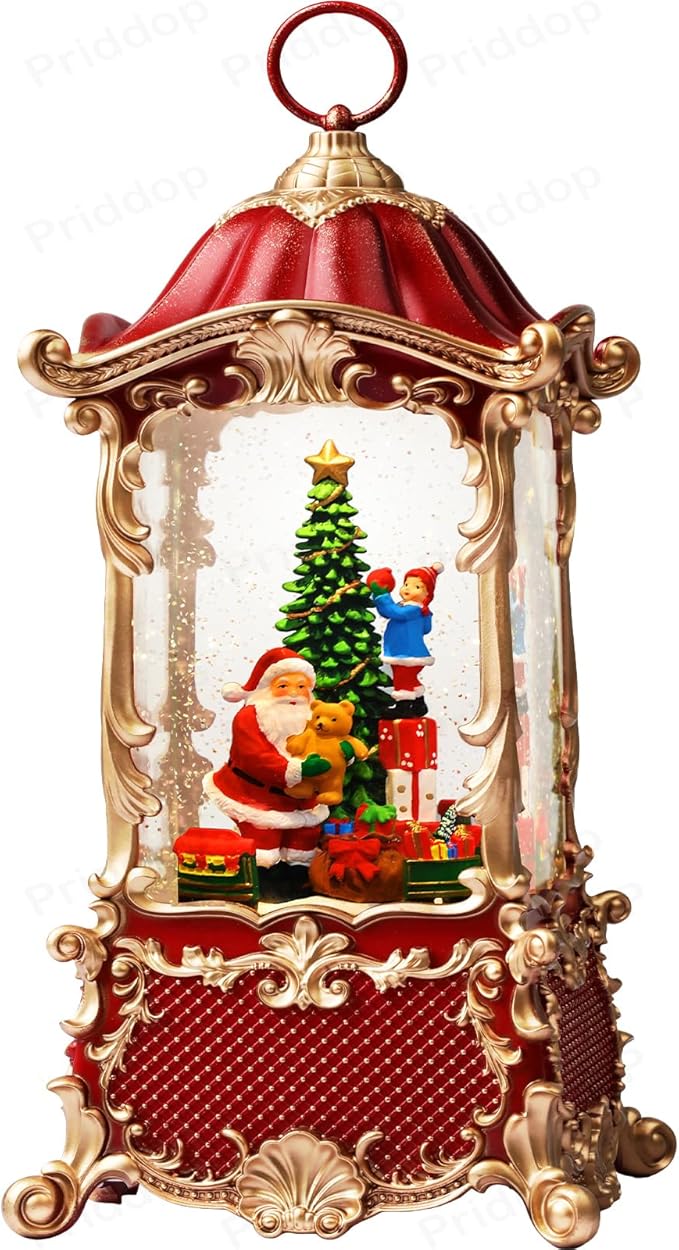 Santa Snow Globe Christmas Decorations Indoor Christmas Tree Gifts for Child Classic Relief Texture Musical Glitter Snowfall USB/Battery Timer Lantern 12.5 inch