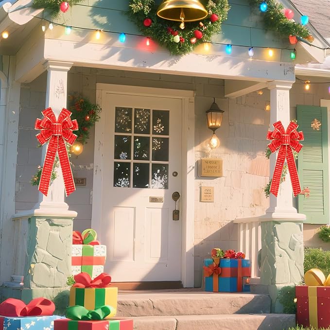 2PCS Red/Gold Velvet Christmas Bows with Gold Shiny Patches - 11"x19.6" Holiday Decor for Tree Topper Wreaths Door Windows Fireplace Fence Porch Gifts Parties Indoor/Outdoor Decorations