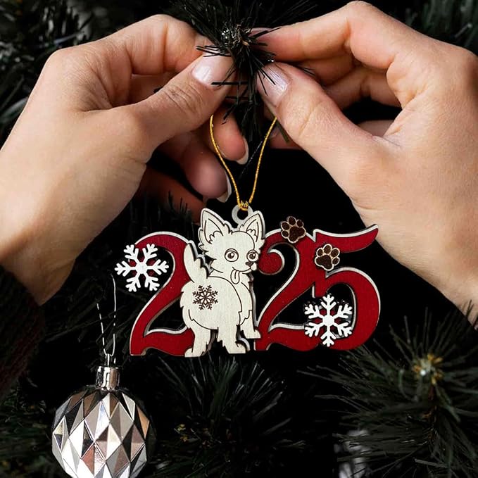 2025 Longhaired Chihuahua Christmas Ornament – Wooden Dog Ornament for Tree, Cute Puppy Holiday Decoration, Personalized Pet Lover Gift for Women, Men, Kids, Dog Mom & Dad