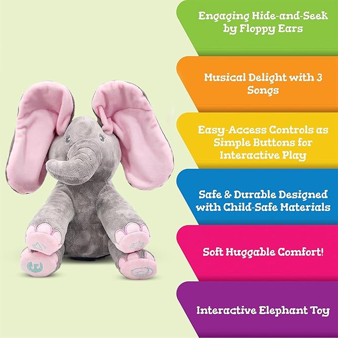 Dimple Kaia Peek A Boo Elephant Toy, Interactive Singing Stuffed Elephant Plush with Moving Ears, Musical Stuffed Animal for Babies and Toddlers, Adorable Elephant Baby Toy