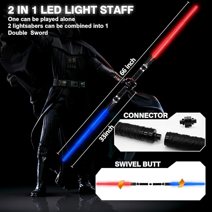 Light Saber Swords for Kids, 2-in-1 Dual Light Up Sabers with FX Sound, Expandable Light Sword with Belt Clip for Galaxy War Fighter Warriors, Halloween Costume Parties