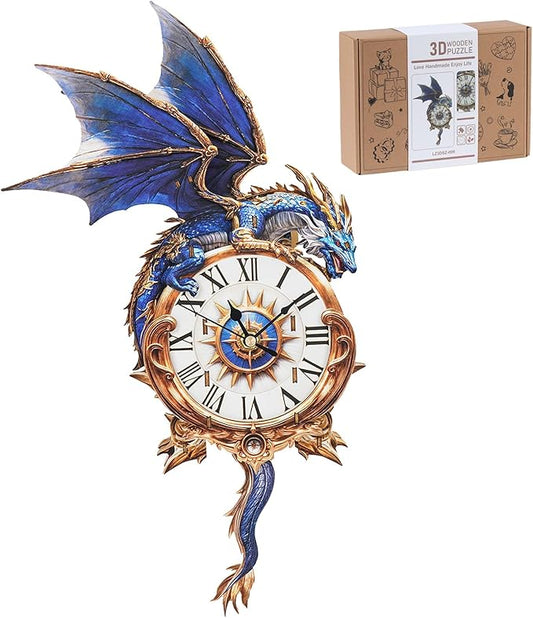 3D Wooden Puzzles for Adults, Blue Dragon Clock with Pendulum Model Kit, 3D Puzzles for Adults Room Home Decor DIY Wall Clock Kit, Holiday Birthday Christmas Day Gifts for Men Women Teens