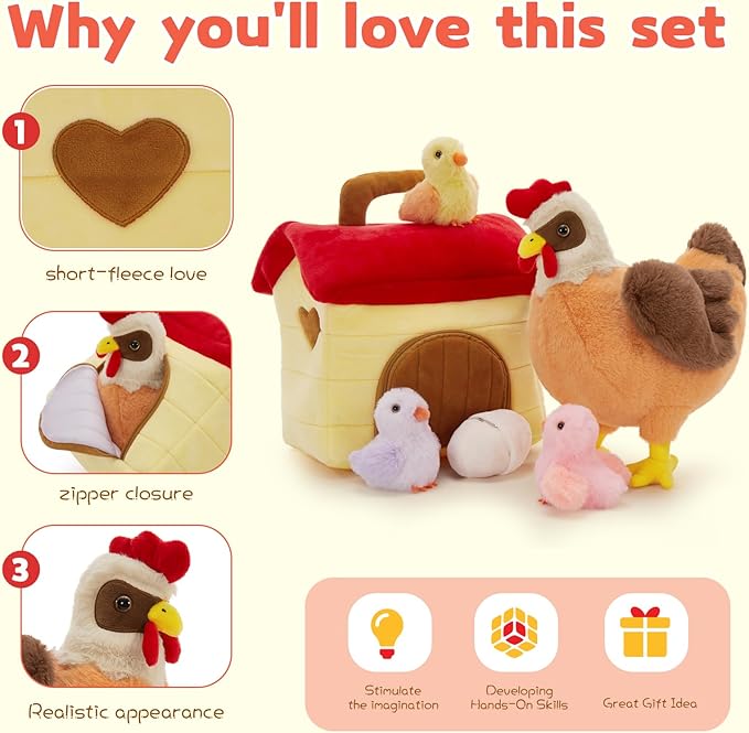 Tezituor 6 Pcs Chicken Stuffed Animals Set with Coop,14" Mother Hen with Baby Chicks&Egg Plush Toy,Soft Farm Animal Plushies for Toddlers Kids Home Farm Decor Easter Gifts