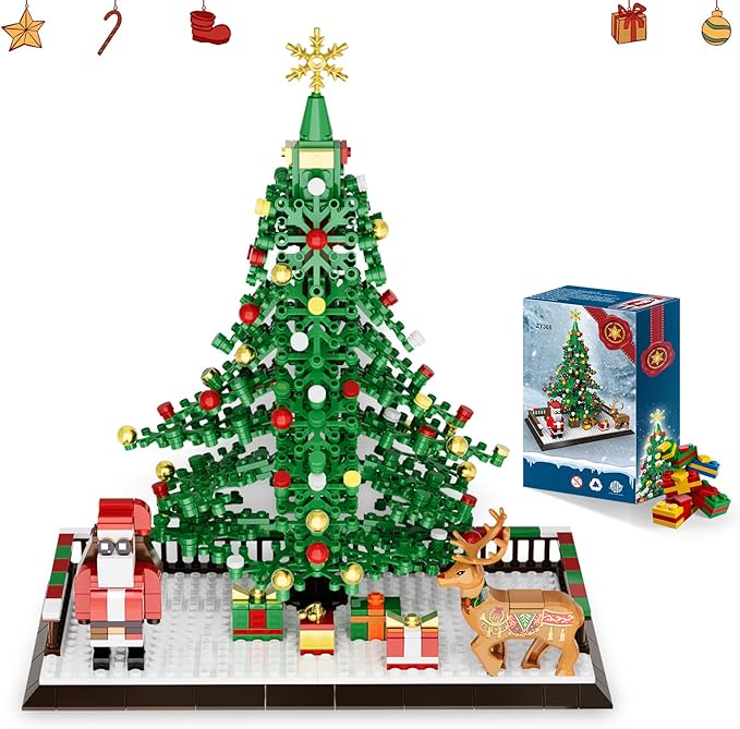 Christmas Tree Building Blocks, Christmas Decorations Set with Santa Claus & Reindeer, Creative Tabletop Decor Xmas Gifts Toys for Kids Adults Teen Boys & Girls