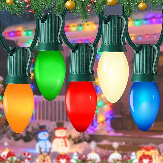 100Ft C7 LED Christmas String Lights Outdoor, Multicolor Christmas Decorations Lights with 100+5 Colored C7 LED Bulbs, Vintage Decor Light for Xmas Tree Home Yard Party Decor, E12 Base, Green Wire