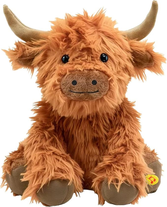 Music Highland Cow Stuffed Animal with Sound, Farm Cow Toy with ''Moo''Sound, Soft Farm Animal Cattle Plushie Doll Festival Presents for Adults Kids Boys Girls (Brown)