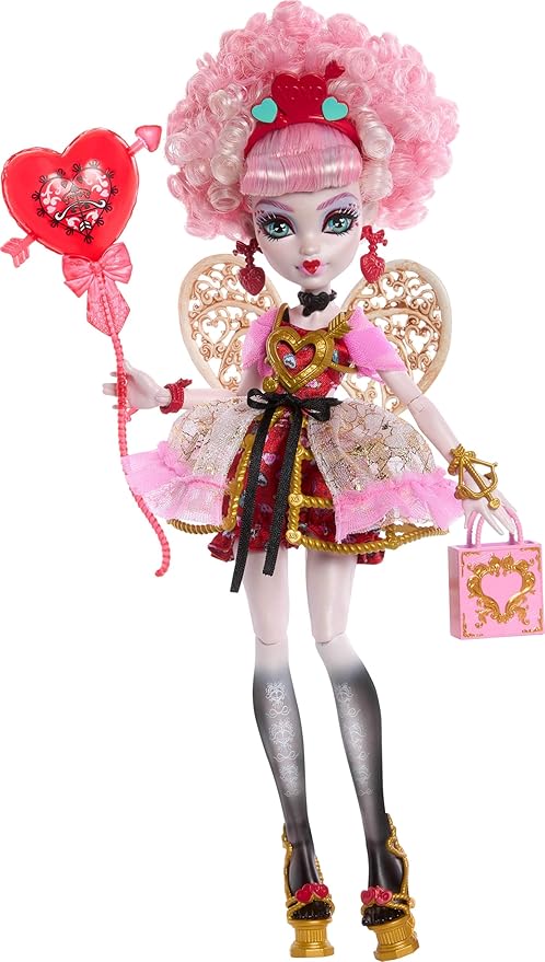 Monster High Scary Sweet Birthday Doll, Cupid Asteria in Pink and Red Party Dress with Themed Accessories Like Invite, Balloon, Gift and More