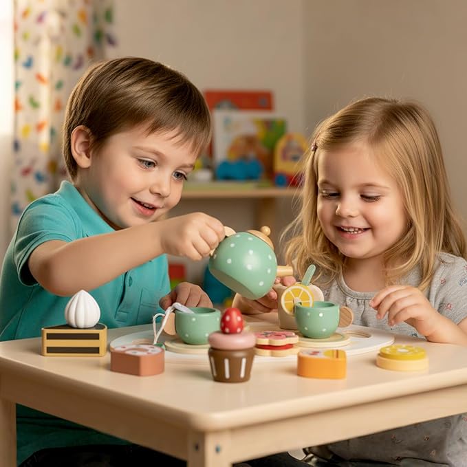 Wooden Tea Party Set for Little Girls, Toddler Pretend Play Food Kitchen Toys, Wooden Tea Set Tray Cake Dessert, Toddler Birthday for Girls Age 2-5 Years Old