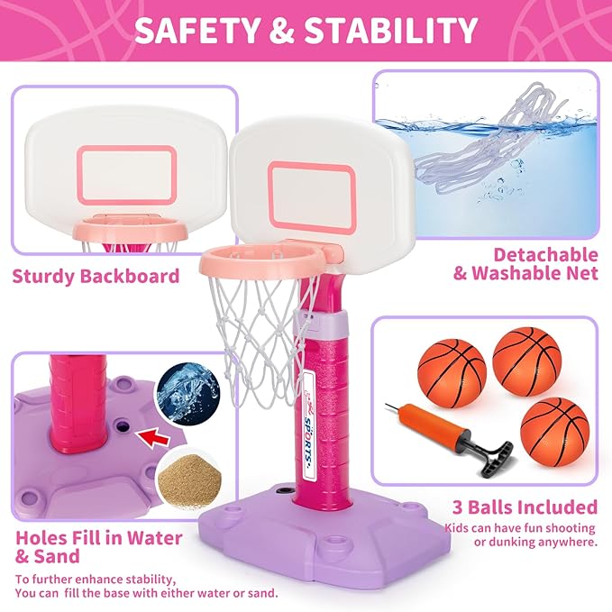 Toddler Basketball Hoop Indoor for Age 1-3, Adjustable Kids Basketball Hoop, Pink Mini Basketball Hoop with 3 Balls for Outdoor Poolside, Birthday Christmas Sport Toys Gift for Baby Boys Girls 1 2 3 4