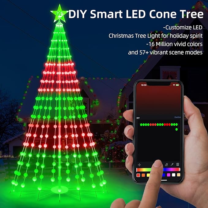 9FT Smart Christmas Cone Tree, Prelit Color Changing Outdoor Christmas Tree Light with Remote Music Timer for Yard Decorations