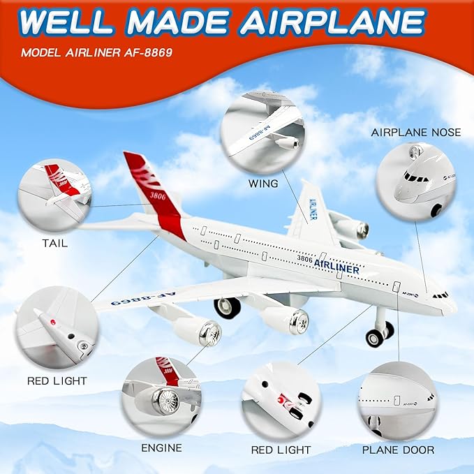OTONOPI Airplane Toy Plane Die Cast Metal Pull Back Model Plane Toy Airlines with Lights and Sounds for Kids Toddlers Boys and Girls Age 3-12+ Birthday Gift (Airlines AF-8869)