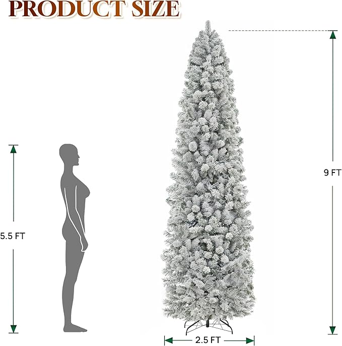 HOLLO STAR 9 ft Flocked Prelit Christmas Tree with 546 LED Lights, App Control, Skinny Artificial Pencil Christmas Tree, Multi-Color RGBW Lights, 1294 Branch Tips, for Small Space, Home, Party
