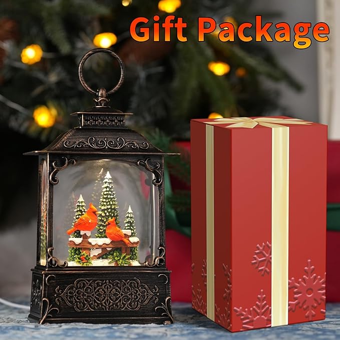 Red Cardinals Bird Snow Globe, Light Up Christmas Snow Globes with Music Timer - USB Plug or Battery Operated Glitter Globe Indoor Christmas Decorations