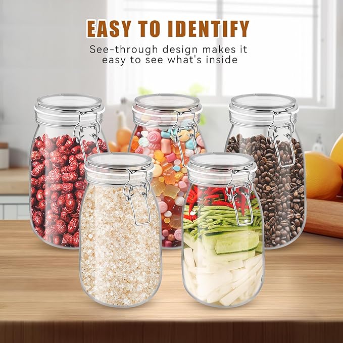 2 Pcs PET Plastic Storage Jar with Clamp Lid Empty Food Storage Container Bottle Large Refillable Canister For Nuts Sugar Coffee Candy Cookie Tea Spices And More (clear, 1650ml/55oz)