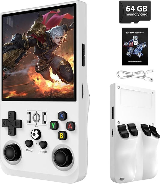 R36MAX Retro Handheld Game Console, 18000+ HD Games Mini Retro Video Console, 4.0 Inch IPS Screen, 64GB Memory, Portable Arcade Video Gaming Console Gift for Adults, Light White