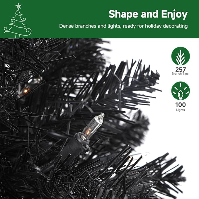 SHareconn 4ft Prelit Artificial Hinged Slim Pencil Christmas Tree with Warm White Lights, Full Branch Tips, Perfect Choice Decoration for Xmas Holiday, 4 FT, Black