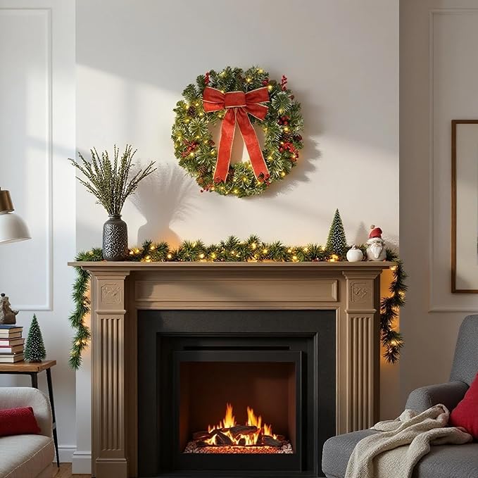 Christmas Wreath Front Door Wreath - 24 Inch Pre-Lit Outdoor Wreaths for Front Door Battery Operated 55 White Lights Bulbs Christmas Decoration Wall Wreath Outside DiliComing