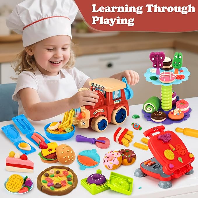 85 PCS 3 in 1 Dough Sets for Kids Ages 3-4-8, Art Crafts Dough Tools Kit, Train Engine Noodle Playset with Light & Sound, Hamburger Machine, Dessert Rack, Kitchen Creations Food Play Toys Boys Girls