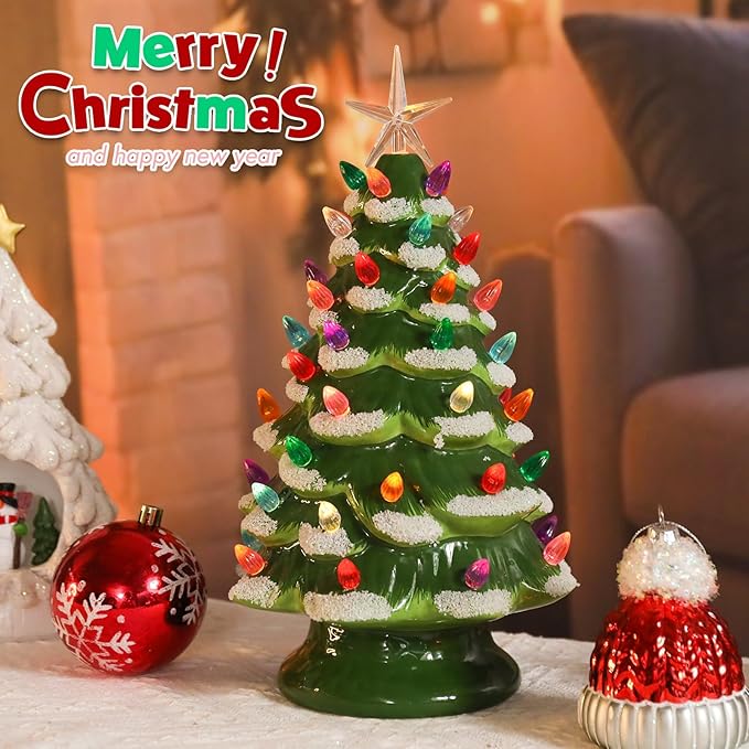 Small Ceramic Christmas Tree Hand-Painted Vintage Tabletop Green White Christmas Tree Holiday Decoration with Multi-Color Lights Xmas Trees 12 inch