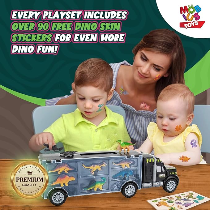MOBIUS Toys Dinosaur Truck Carrier – Large Transport Truck with 12 Realistic Dino Figures for Kids Ages 3–7 – Durable BPA-Free Dinosaur Storage Toy Set for Indoor & Outdoor Play, Gift Box