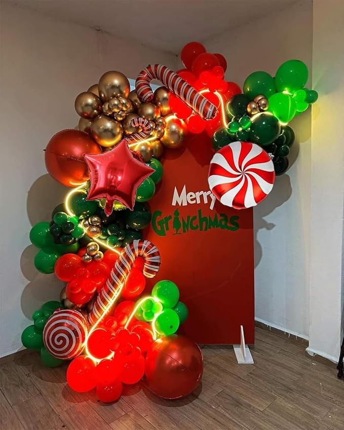 NeoVita Christmas Balloons Garland Arch Kit, 133PCS Red Green White Xmas Balloons Different Sizes 18 12 5 Inch with Candy,Cane,Star Foil Balloons for Christmas Party Decorations Indoor