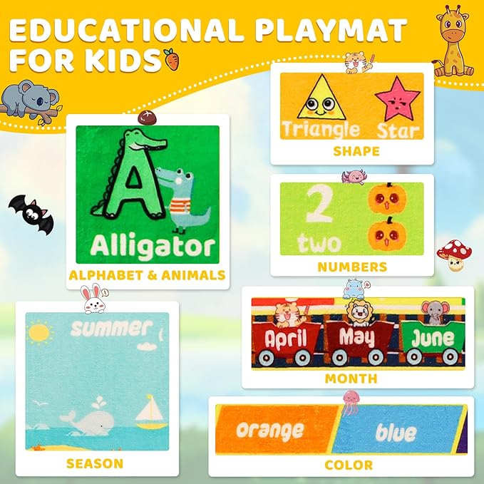 ABC Kids Rug for Playroom 59"×78.7" Baby Play Mat Alphabet Rug Animal Number Shape Classroom Rug Kids Playroom Rug Early Learning Carpet for Educational Learning & Game Area Preschool