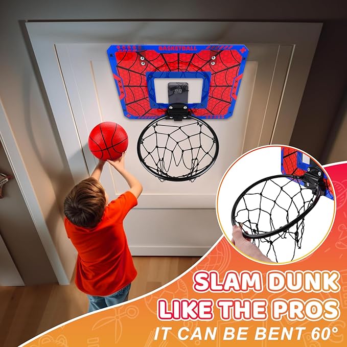 Basketball Hoop Indoor, Mini Basketball Hoop LED with 3 Balls and Scoreboard, Over The Door Basketball Hoop, Basketball Kids Toys Gifts for 3 4 5 6 7 8 9 10 11 12 Year Boys (Red Spider Web Pattern)