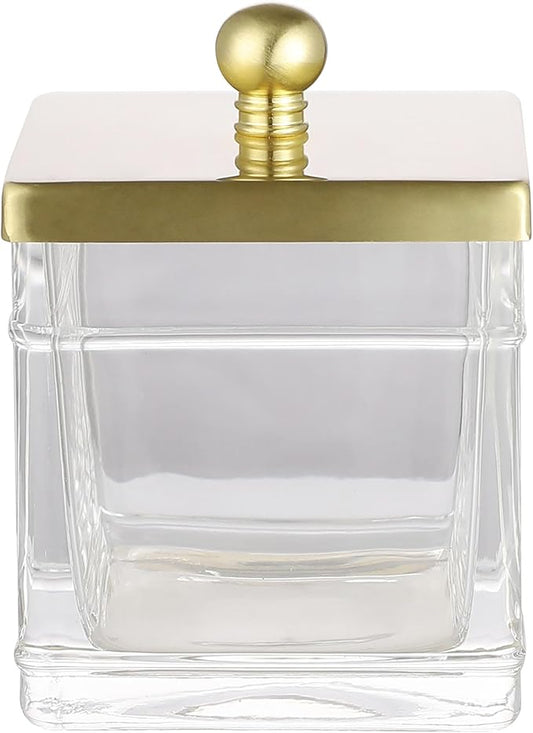 Apothecary Glass Cotton Jar Holder Brushed Gold Stainless Steel Lid, Elegant Bathroom Storage Canister for Qtips, Cotton Balls, Floss, Makeup Organizer, Vanity Bathroom Organization