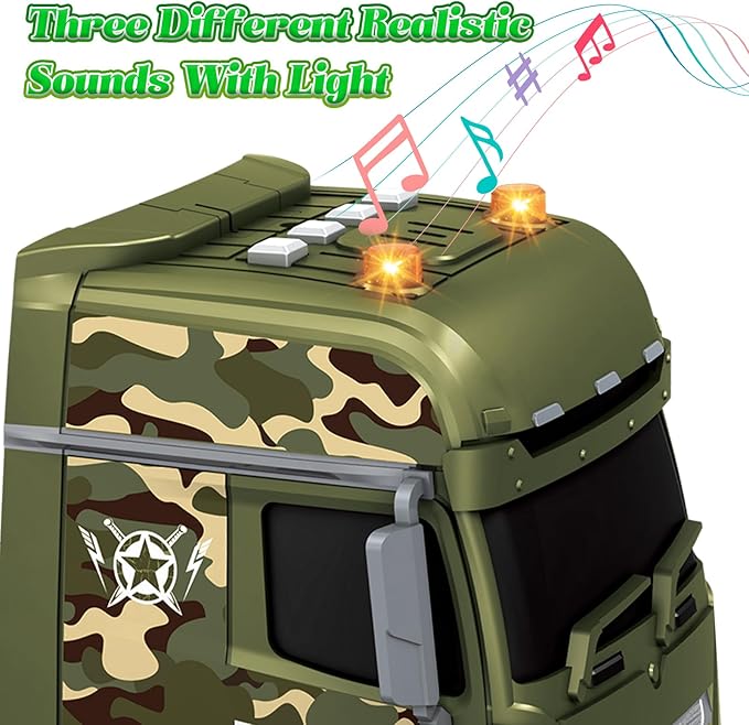 3-in-1 Military Truck Toys for Kids Ages 3-6 - Inertia Semi Trailer with Helicopter & Tank, Light and Sound Army Vehicles
