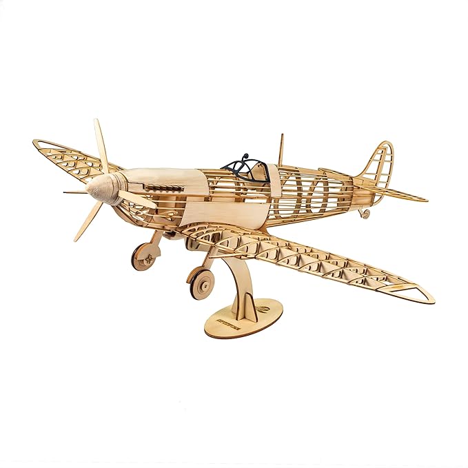 3D Wooden Puzzles DIY Spitfire Fighter Model Aircraft 1:25, Laser Cut Balsa Wood Model Airplane Kits to Build for Adults, Wooden Models Airplane Jigsaw Puzzles for Home Decoration Birthday Gift