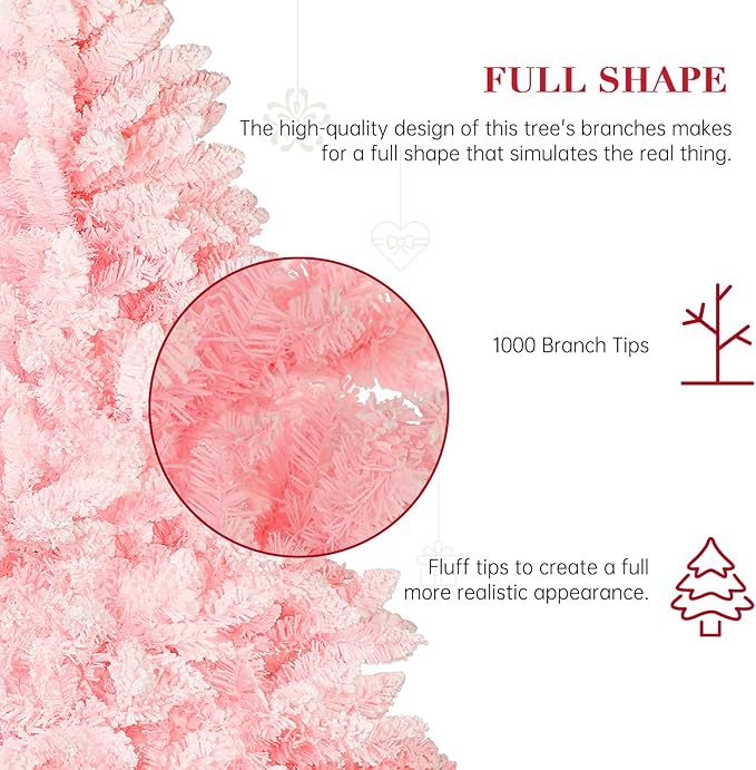 SUNCROWN 6ft Artificial Flocked Christmas Tree Premium Frosted Snow Christmas Tree Hinged Xmas Tree Holiday Decor for Indoor Outdoor, Foldable Metal Stand, 1000 Branch Tips, Pink